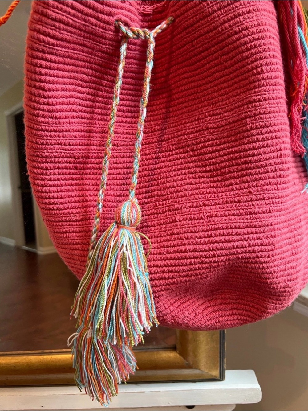 Handwoven Pink Shoulder Bag with Multicolor Tassel